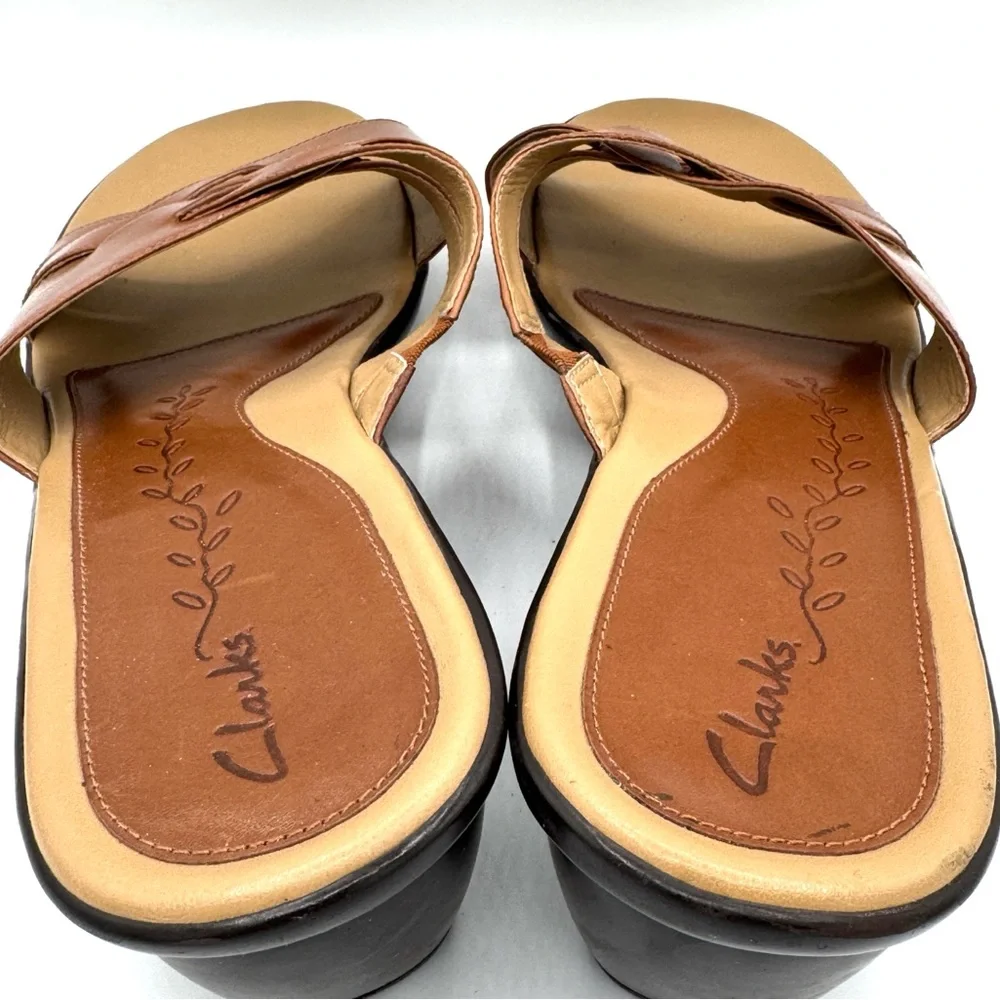 CLARKS Brown Woven Leather Cross Strap Slide Sandals Notched Wedge Heel Size 11